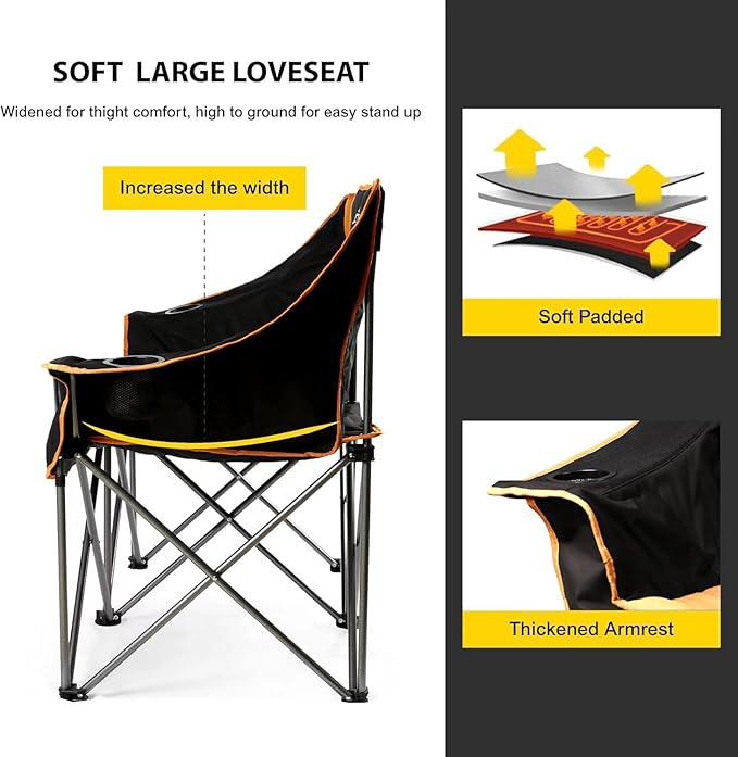 FAIR WIND Oversized Fully Padded Camping Chair Folding Loveseat Camping Couch Double Duo Chair Heavy Duty Quad Fold Arm Chair with Cup Hold - Supports 650 LBS Blue