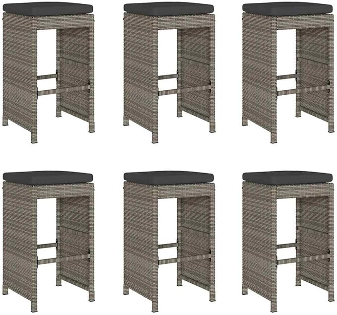 Patio Bar Stools with Cushions 6 pcs Gray Poly Rattan Dinning Chairs Camping Chair Camping Chairs Porch Chairs for Outdoor Dining Bedroom Patio