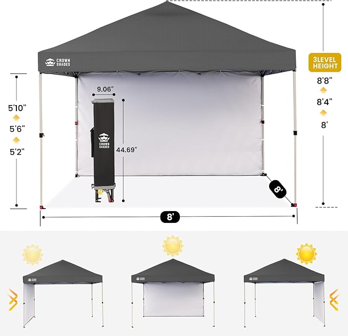 CROWN SHADES 8x8 Pop Up Canopy with 1 Side Wall - Beach Tent with One Push Setup - Outdoor Sun Shade for Events, Parties, Camping - Gazebo with STO-N-Go Cover Bag (Grid Grey)