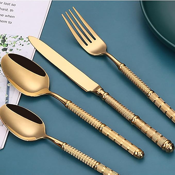 Gold 30 Piece Silverware Set Service for 6,Premium Stainless Steel Flatware Set Vintage Embossed Cutlery Utensil Set Home Kitchen Eating Tableware Set Include Fork Knife Spoon Set Dishwasher Safe