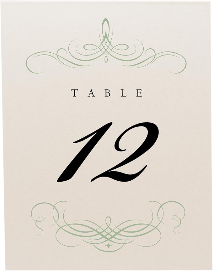Decadent Flourish Wedding Table Numbers (Select Color/Quantity), Champagne, Sage, 1-70, Double Sided, Tent or Use in a Stand, Great for Parties & Restaurants - Made in the USA