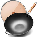 WANGYUANJI Carbon Steel Wok 14.2", Large Nitriding Flat Bottom Stir Fry Pan with Lid, No Chemical Coating Rust Resistant Iron Skillet for Induction Electric Gas Stoves, Big Capacity Serves 6+