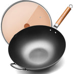 WANGYUANJI Carbon Steel Wok 14.2", Large Nitriding Flat Bottom Stir Fry Pan with Lid, No Chemical Coating Rust Resistant Iron Skillet for Induction Electric Gas Stoves, Big Capacity Serves 6+
