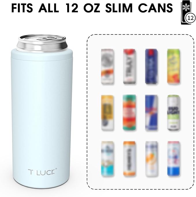 TILUCK Skinny Can Cooler for Slim Beer & Hard Seltzer, Stainless Steel, Doucle-Walled Stainless Steel Insulated Slim Cans, Standard 12 oz (Frosted Sky)