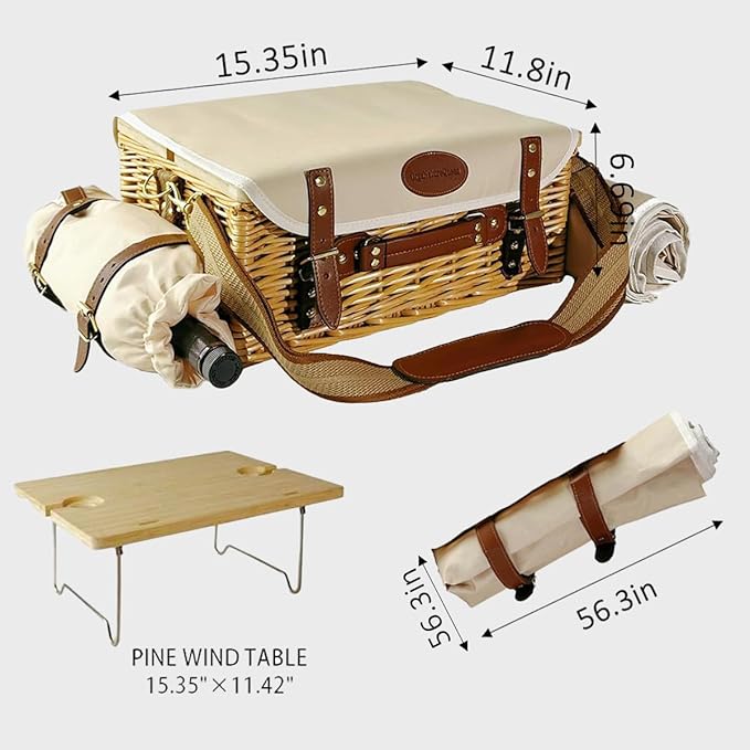Multifunctional Wicker Picnic Basket Set for 2 Adults with Picnic Table and Blankets,Large Insulated Picnic Set with Wine Pouch and Full Tablewares for Camping Outdoor Couples Natural Beach Wedding