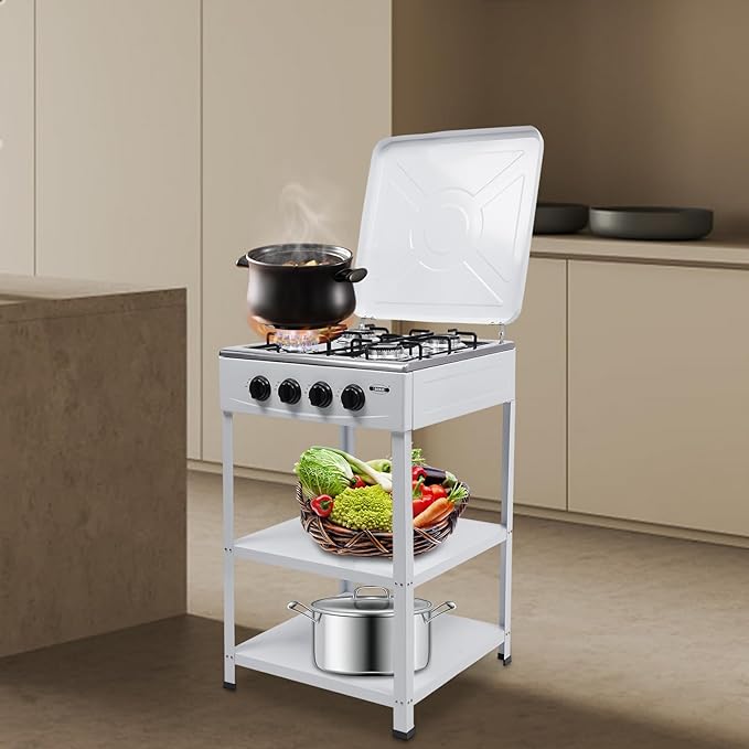 Gas Stove 4 Burner, Portable Natural Gas Stove Outdoor Camping BBQ Stove Gas Cooker with 2 Tier Storage Rack, for RV, Apartment, Outdoor Cooking (White, 4-Burner)