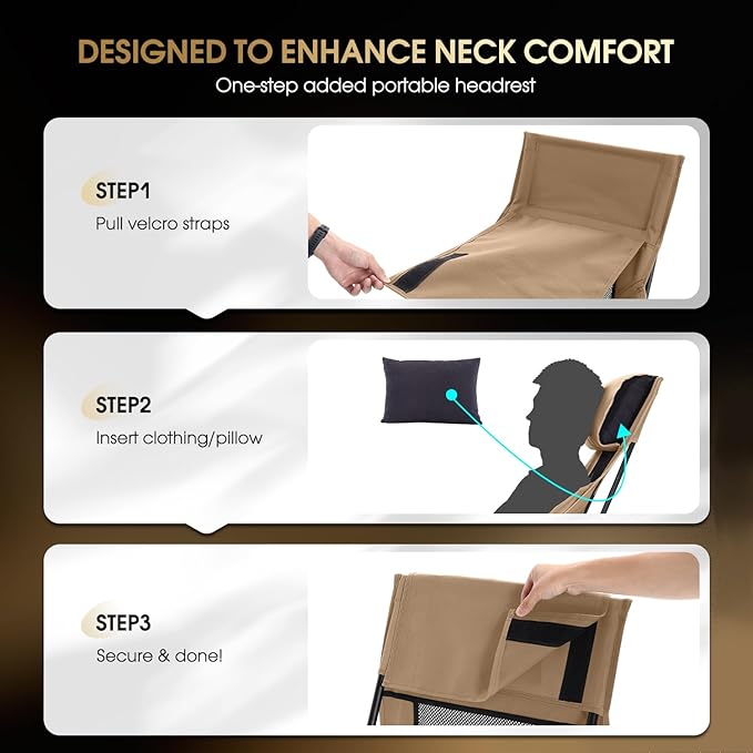 MOON LENCE Oversized High Back Camping Chair for Adults, Height Adjustable Folding Chair with 400 lbs Capacity, Hidden Pillow Pocket and Wide Seat for Camping, Base Camp, Fishing, Overlanding, Khaki