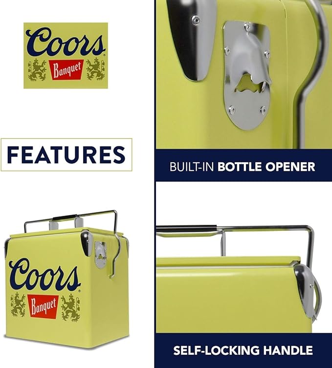 Coors Banquet Retro Ice Chest Cooler - Portable Ice Bucket with Bottle Opener, Vintage Style, Insulated for Camping, Beach, Picnic, RV, BBQs, Tailgating, Fishing, 18 Can, 14 qt (13L)