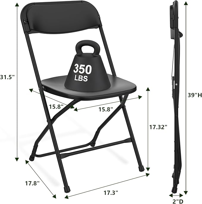 Folding Chairs 20 Pack, Plastic Folding Chairs for Outside, Heavy Duty Foldable Chairs, Sturdy Metal Folding Chairs, 350 lbs Capacity, for Patio, Garden, Camping, Black