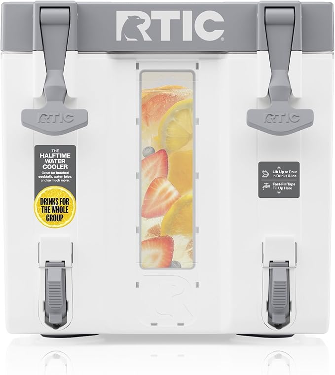 RTIC Halftime Water Cooler 3 Gallon Portable Carrier Container, Drink Beverage Dispenser, Stackable with 2 Taps, Bottleless, BPA-Free, for Sports, Camping, BBQ, Parties, Picnic, and More, White