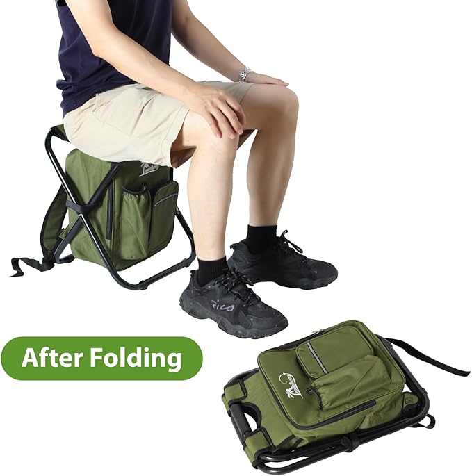 LEADALLWAY Fishing Chair with Cooler Bag Compact Fishing Stool Foldable Camping Chair