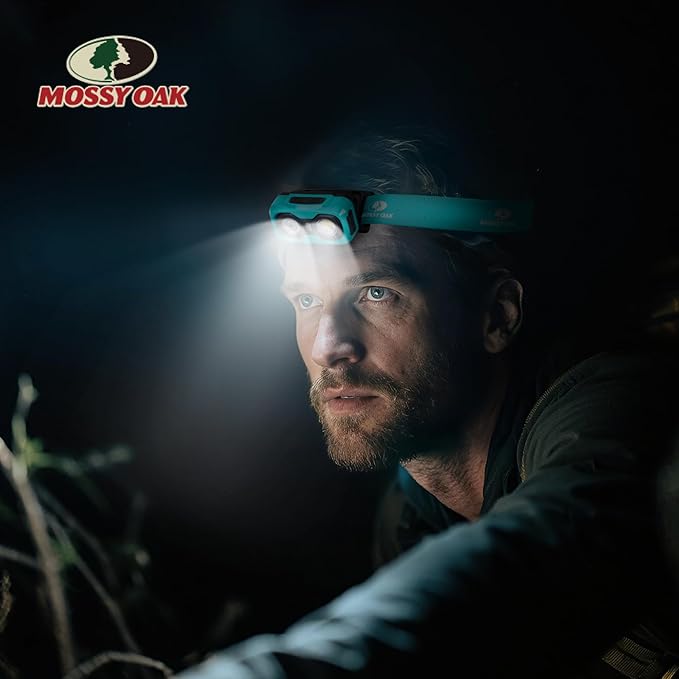 Mossy Oak 600 Lumens Rechargeable Headlamp, Lightweight LED Headlight with White & Red Light, Waterproof Head Lamp with Non-Slip Band, Dimmable & Memory Function for Camping, Running, Valentine's Day