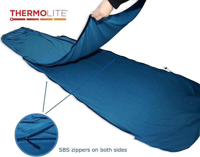 BROWINT Thermolite Sleeping Bag Liner with Zippers for Cold Weather, Lightweight Mummy with Hood & Rectangular Sleep Sack for Adult, Adds Warmth, Thermal Travel Liner, All Season
