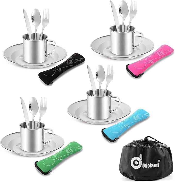 Odoland Bundle – 2 Items 12pcs Camping Cookware Mess Kit with Mini Stove and 25pcs Stainless Steel Utensils Camping Tableware Kit for Backpacking, Outdoor Camping Hiking and Picnic