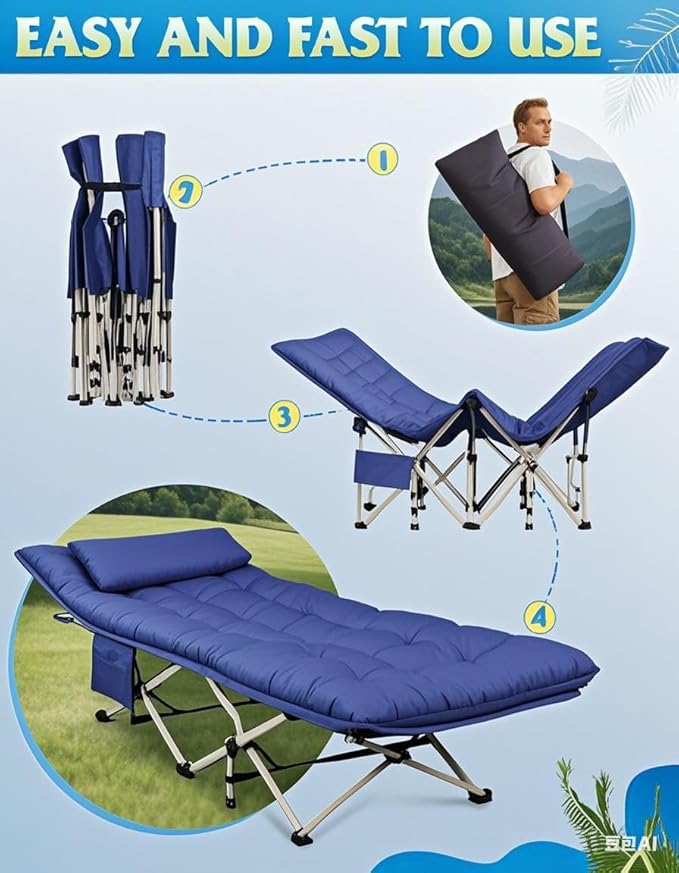 WLIVE 1200D Double Layer Oxford Camping Cots for Adults, Portable Camping Cot Bed with Mattress for Sleeping, Outdoor Folding Bed with Carry Bag for Resting, Camping, Dark Blue