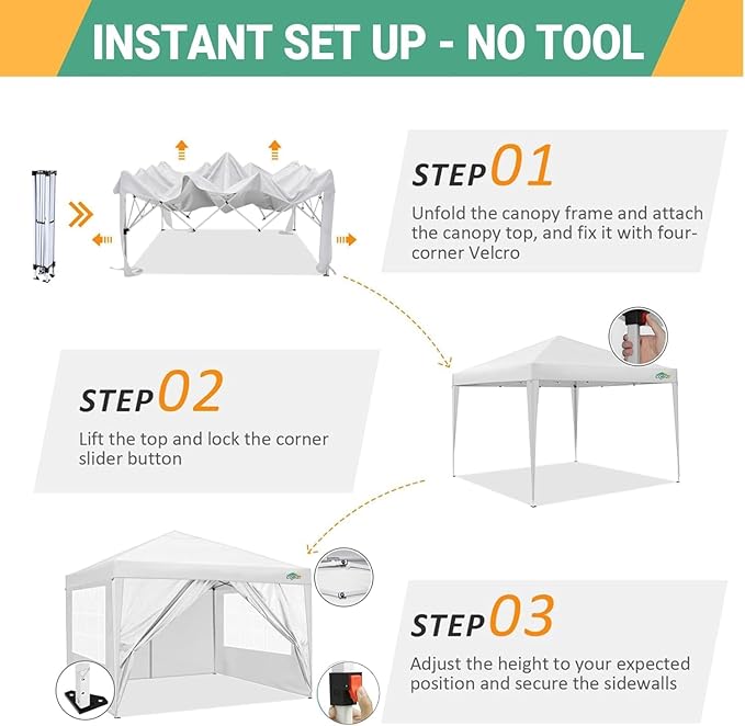 COBIZI 10x10 Pop Up Canopy Tent with 4 Sidewalls Party Tents Waterproof UPF 50+ Commercial Instant Outdoor Events Tent for Parties Markets Backyard, Ropes（10 x 10 ft White