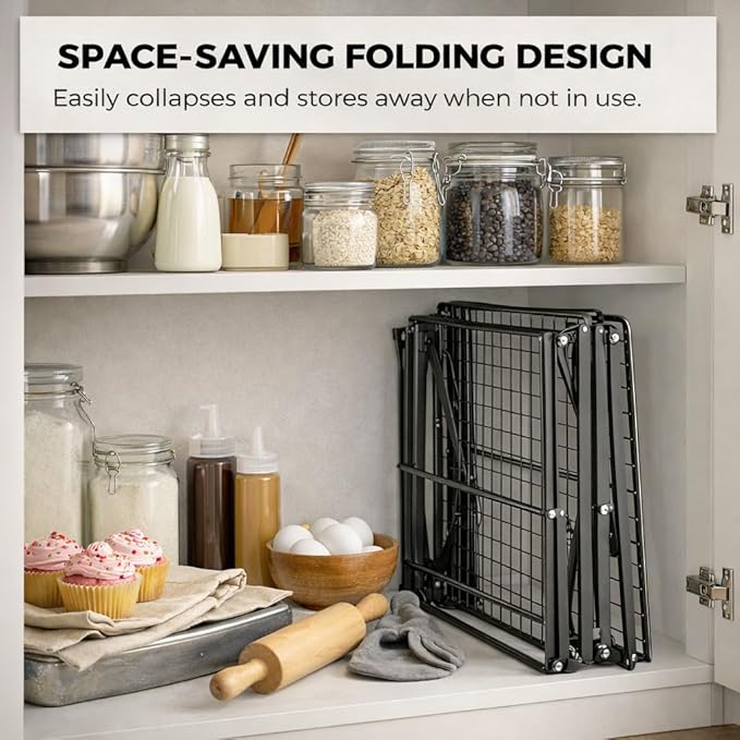 4-Tier Collapsible Cooling Rack, Adjustable Stackable Wire Baking Rack, Iron Wire Rack 17.72 x 9.72 x 16.81 in, Foldable Storage Shelf for Camping Picnic, Roasting Grilling Drying