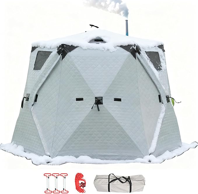 Upgraded 6–12 Person Insulated Ice Fishing Tent with Stove Jack, Dual-Layer 210D Oxford Thermal Shelter, 2 Doors 4 Windows, Pop-Up Ice Shanty for Winter Camping, Outdoor Use Silver-8-12Person