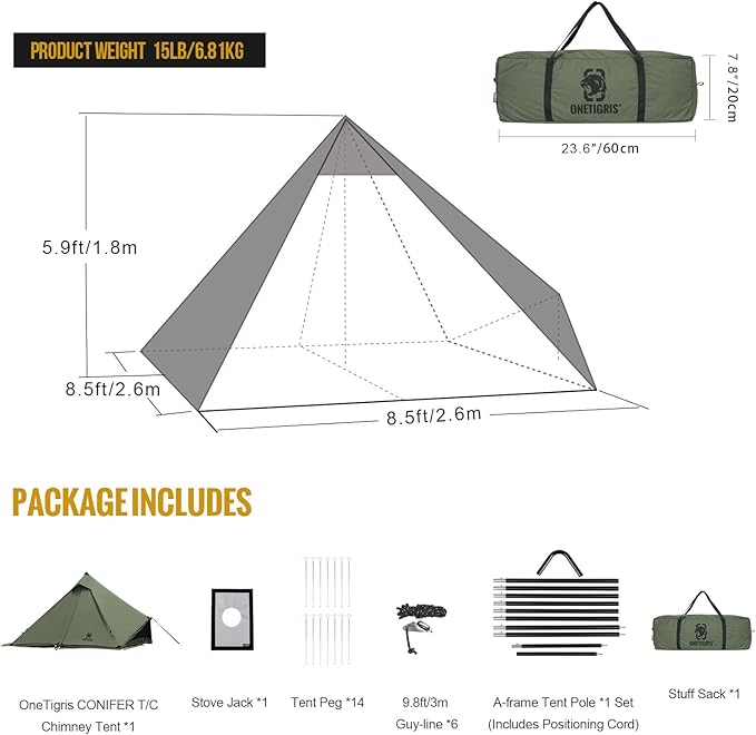OneTigris Conifer Canvas Hot Tent with Stove Jack, Fire Retardant Teepee for Adults, Snow Skirt for Winter Camping, Travel, Bushcraft