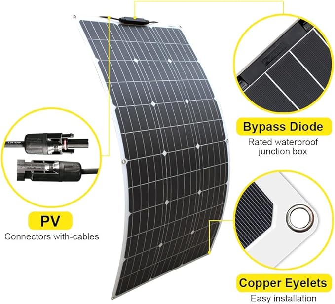 800W Flexible Solar Panels 8pcs 100 Watt 12 Volt Monocrystalline Semi-Flexible Bendable Mono Off-Grid Charger for Marine RV Cabin Van Car Roof