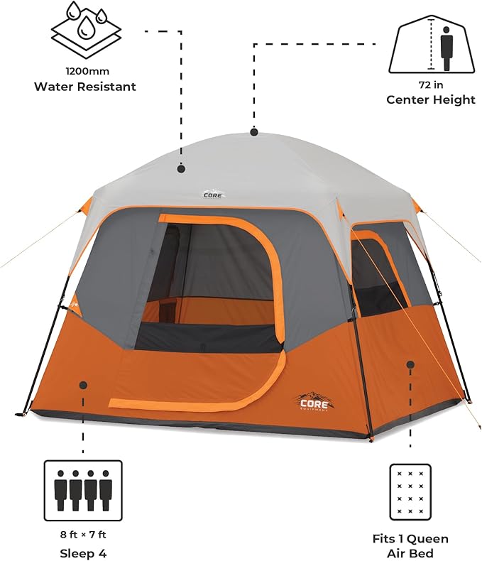 CORE Tent for Family Camping | 4 Person & 6 Person Portable Camp Tent with Carry Bag for Outdoor Car Camping | Included Gear Loft Organizer for Camp Accessories