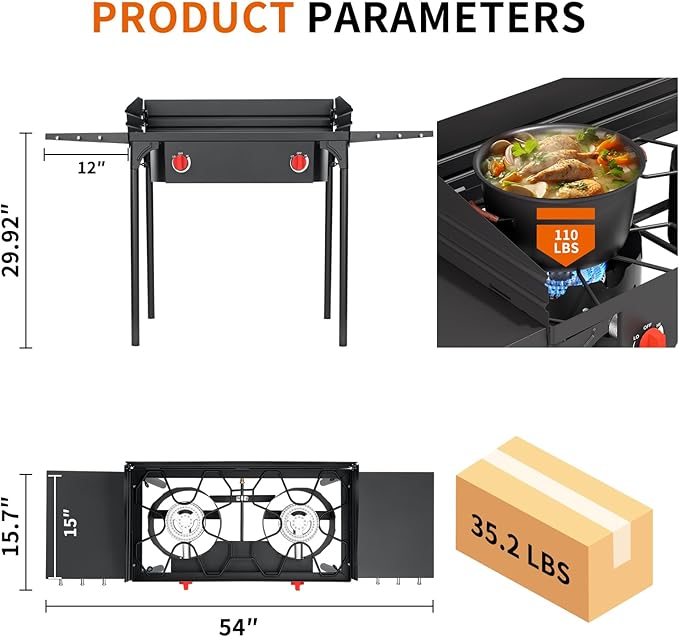 SKOK 2 Burners Portable Propane Stove with Wind Panel & Side Shelves,Portable Camping Stove with High Efficiency Propane Burner,Outdoor Stove for Camping, Backyard, Picnic