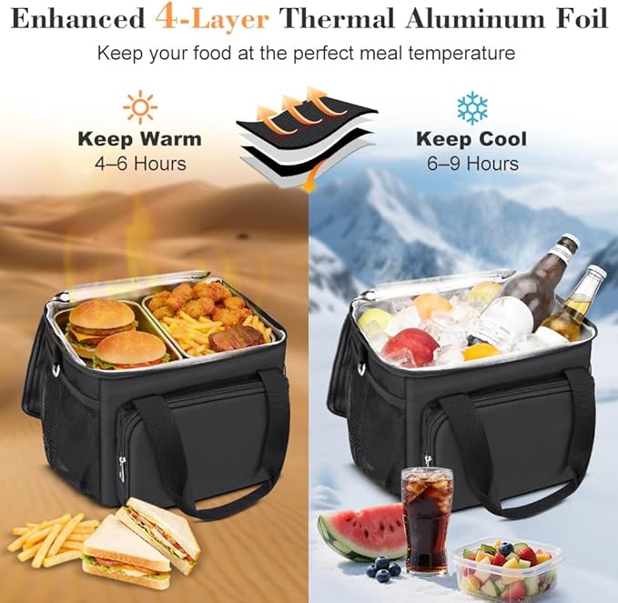 Coobiiya Large Expandable Insulated Lunch Bag Cooler Bag，12-23L Lunch Box for Men Double Deck Leakproof，Heavy Duty LunchBag Cooler Bags for Camping, Travel, Kayaking & Beach