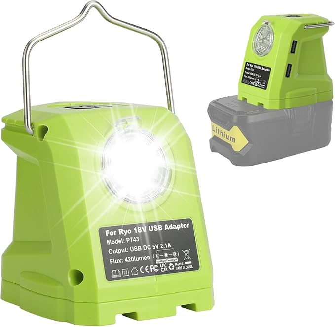 Battery Adapter for Ryobi 18volt One+ P107 P108 Li-ion Battery,Portable Power Source Converter with Dual USB Phone Charge Port,420LM Flashlight LED Work Light with Hook,Outdoor Lantern Camping Lamp