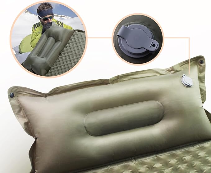 Double Camping Sleeping Pad with Pillow, 2" Memory Foam Camping Mattress 2 Person, 5R Insulated Self Inflating Camping Pad, Air Mattress Inflatable Sleeping Mat for Tent, Backpacking, Hiking (Green)