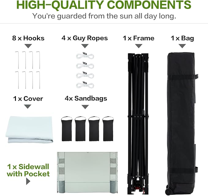 10'x10' Pop Up Canopy Tent with 1 Sidewall and 6 Pockets, One Push Setup, Instant Shade Tent with Vented Roof for Beach Patio Outdoor, Case, 8 Stakes, 4 Ropes, 4 Sandbags (White)