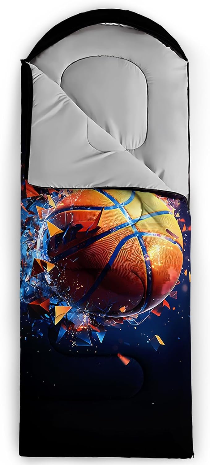 AILONEN Sports Basketball Sleeping Bag for Kids Boys,Warm and Cool Weather,Lightweight,Waterproof Backpacking,3D Galaxy Ball Print Sleeping Bag for Camping