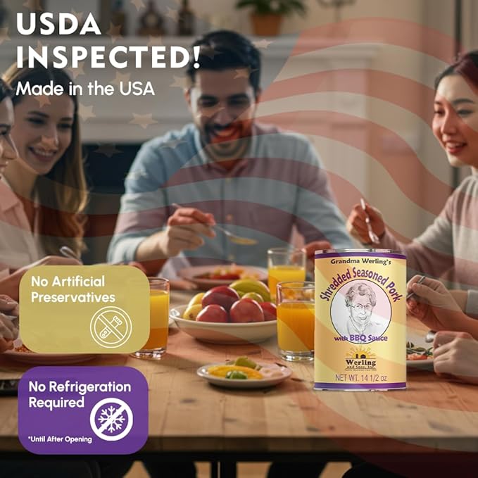 Grandma Werling’s Shredded Seasoned Pork with BBQ Sauce 14.5 Oz Fully Cooked Heat & Serve Premium Canned Meat Shelf Stable for Pantry Staples, Emergency Food Storage, Survival & Daily Quick Meals Canned Food Pack of 12