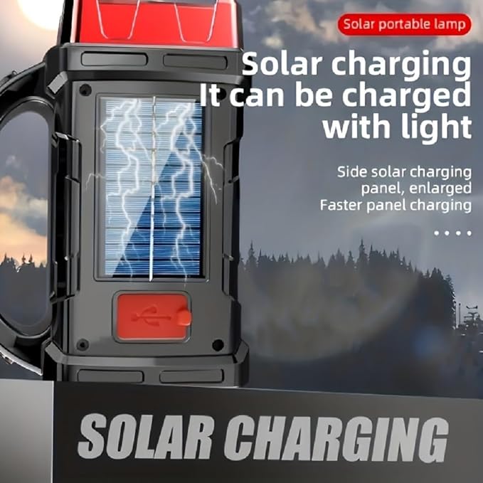 High Lumens Solar Flashlight - LED Work Light with USB-C Rechargeable, Waterproof, Multi-Function Flashlight & Lantern for Camping, Emergencies, and Outdoor(RED)