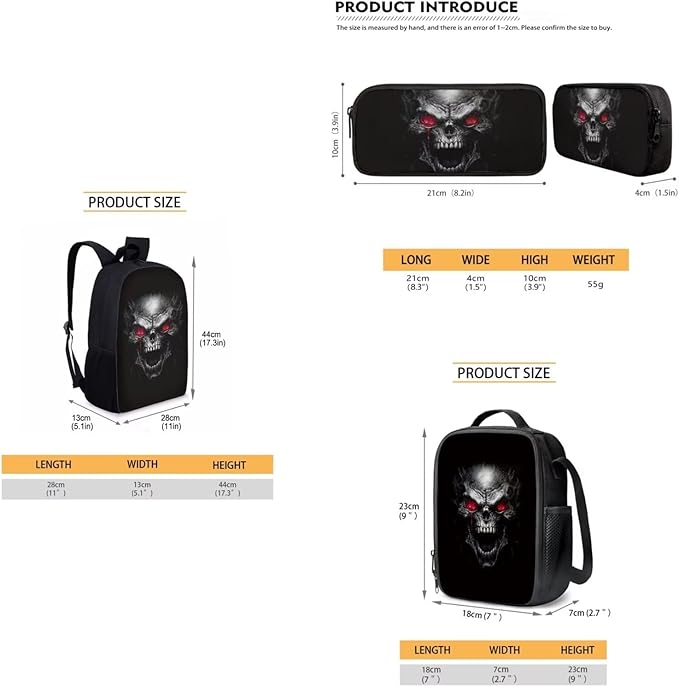 3PCS Skull Print Blue School Bag, 17 Inch Laptop Bookbag Daypack Knapsack Rucksack Lunch Bags Pen Case for College Student