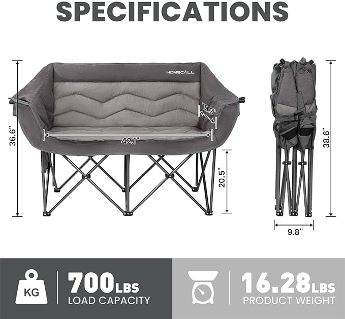 Oversized Double Camping Chair for Adults - Heavy Duty Folding Loveseat Support 700 lbs, Extra Wide 2 Person Camping Couch with Thick Padding, Cup Holders & Storage Bag, Grey