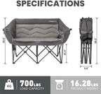 Oversized Double Camping Chair for Adults - Heavy Duty Folding Loveseat Support 700 lbs, Extra Wide 2 Person Camping Couch with Thick Padding, Cup Holders & Storage Bag, Grey