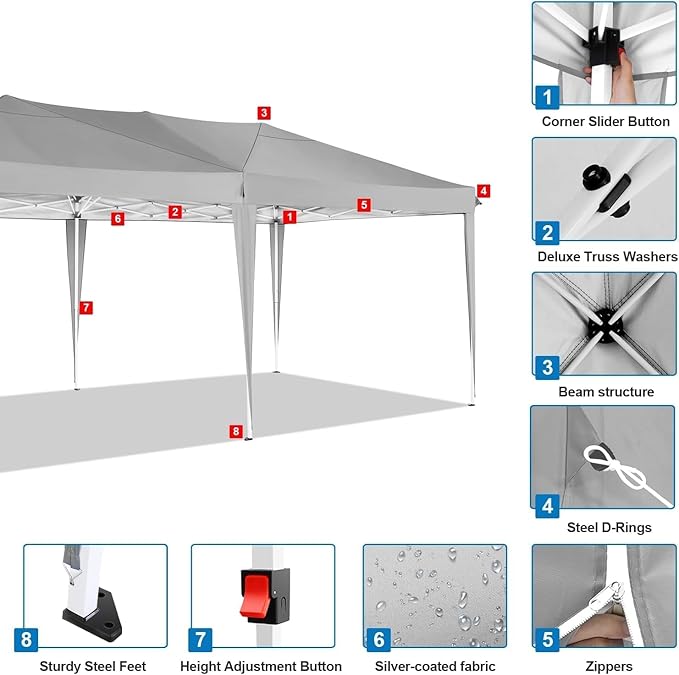 COBIZI 10x20 Pop Up Canopy Tent with 6 Sidewalls Party Tents Waterproof UPF 50+ Commercial Instant Outdoor Events Tent for Parties Markets Backyard, Ropes（10 x 20 ft Gray
