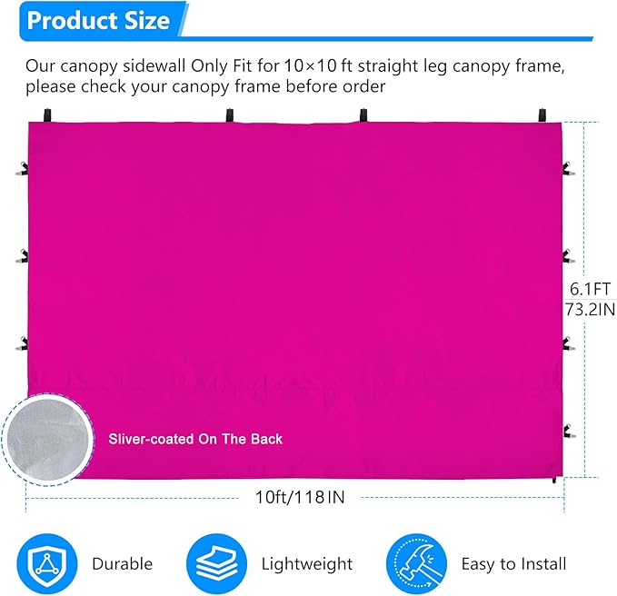 Joramoy Canopy Tent Sidewalls for 10×10 Pop Up Canopy, Instant Canopy SunWall with Waterproof and UV Protection Layer, Straight Leg Canopy Shade Wall, 1 Pack Sidewall Only(Pink), WB1010-Pink