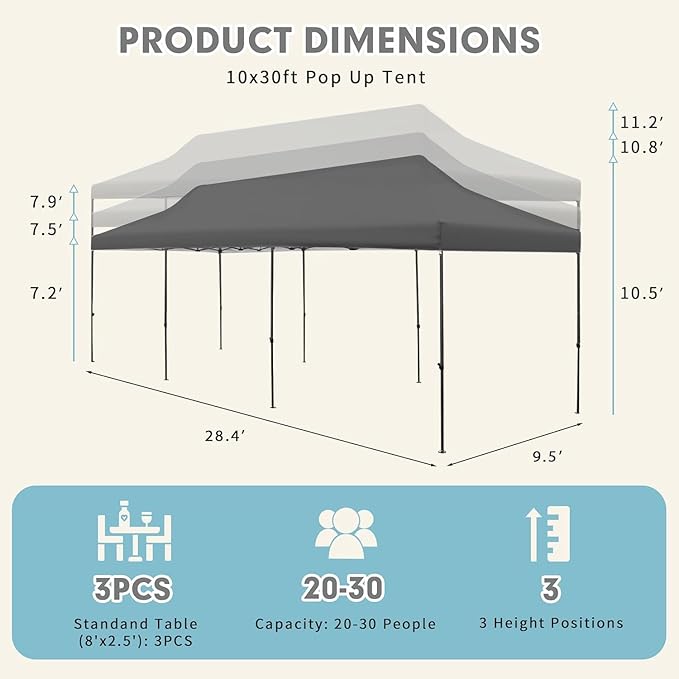 EROMMY 10x30 Pop Up Canopy Tent, Commercial Instant Canopy Heavy Duty with Roller Bag, 8 Sand Bags, 8 Wind Ropes & Ground Nails, Outdoor Canopies for Events, Parties and Camping, Blue