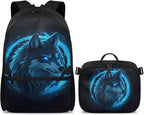 Wolf Backpack for Men Large Capacity School Bag for Teen Boys Polyester Bookbag with Detachable Lunch Box for Travel Outdoor Knapsack Book Bag