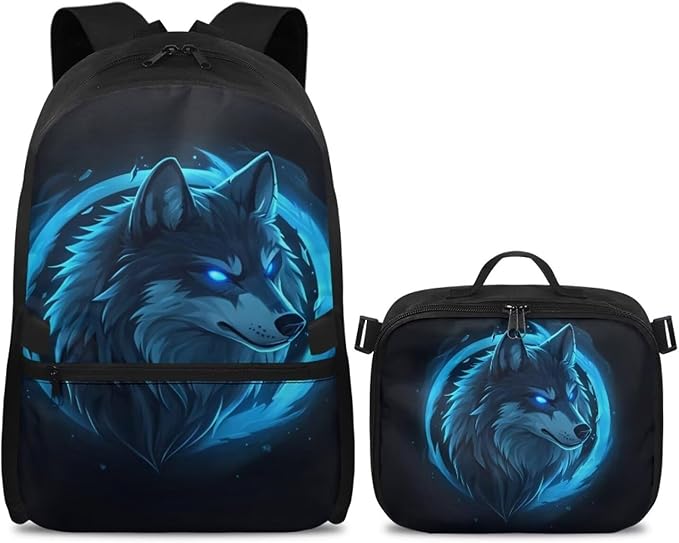 Wolf Backpack for Men Large Capacity School Bag for Teen Boys Polyester Bookbag with Detachable Lunch Box for Travel Outdoor Knapsack Book Bag