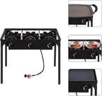 3 Burner Propane Gas Stove for Outdoor Cooking, Heavy Duty High Pressure Propane Gas Cooker Portable Iron Cast Patio Burner with Detachable Stand Legs, Regulator, Camping Cooker (225000-BTU)