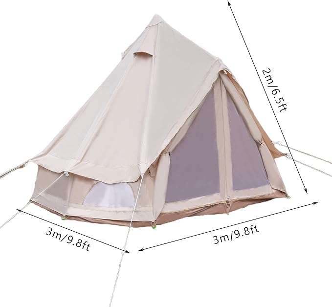4 Season Waterproof Canvas Bell Tent for Camping - 3m (10ft) Heavy Duty Yurt Tent with Ground Ventilation & Stove Jack, Outdoor Shelter for Family/Group, Portable Khaki Cotton