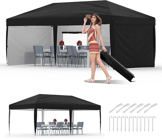 10x20 Pop Up Canopy with 0/4/6 Sidewalls, Beach Ten with One Push Setup, Heavy Duty Outdoor Instant Canopy Tent with Portable Roller Bag, Silver Coated Top, 3 Adjustable Height, Sandbags