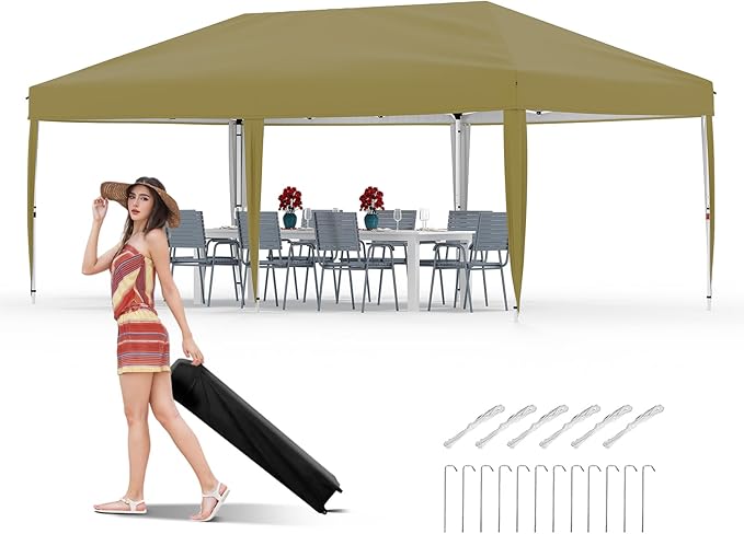 10x20 Pop Up Canopy with 0/4/6 Sidewalls, Beach Ten with One Push Setup, Heavy Duty Outdoor Instant Canopy Tent with Portable Roller Bag, Silver Coated Top, 3 Adjustable Height, Sandbags
