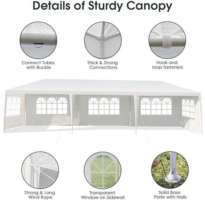Tangkula 10x30 Ft Canopy Tent, Heavy Duty Party Tent with 5 Removable Sidewalls, Wind Ropes, Ground Stakes, Outdoor White Wedding Tents for Parties, Events, Backyard