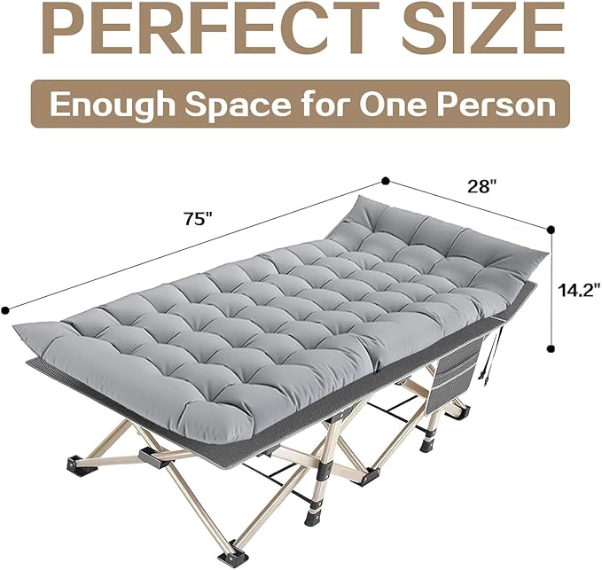 Folding Camping Cot for Adults - Heavy Duty Sleeping Cots with Carry Bag, Double Layer Oxford Portable Travel Camp Cots for Outdoor Camp Beach Home Office (Gold Frame with Gray Pad, 1PACK)