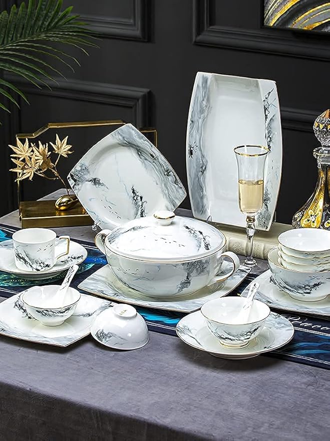 38/70 Pieces Chinese Tableware Set Ceramic Marble Effect Tableware Gift Service for 6-10 People (38pieces)