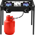 2 Burner Propane Gas Stove, 150,000 BTU Outdoor Camping Cooker with Removable Legs, 0–20 PSI Regulator & Hose, Heavy-Duty Cast Iron Double Burner for BBQ, Frying, and Boiling