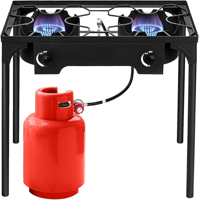2 Burner Propane Gas Stove, 150,000 BTU Outdoor Camping Cooker with Removable Legs, 0–20 PSI Regulator & Hose, Heavy-Duty Cast Iron Double Burner for BBQ, Frying, and Boiling